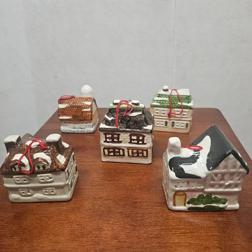 Vintage Ceramic Christmas Village House Hanging Ornaments set 5